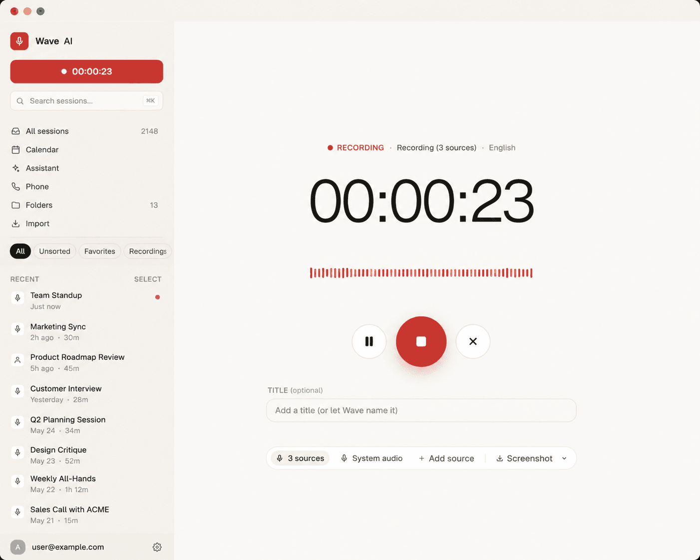 Wave Desktop app recording a session with timer and waveform