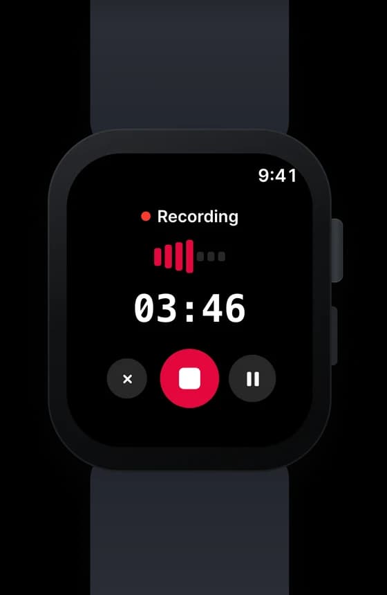 Wave recording on an Apple Watch: timer at 03:46 with stop, pause, and cancel buttons
