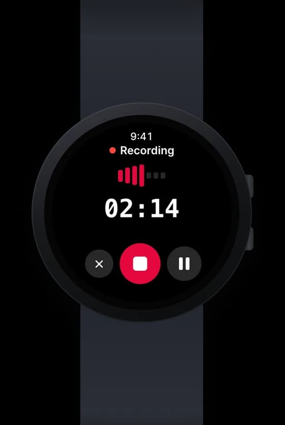 Wave recording on a round Wear OS watch: timer at 02:14 with stop, pause, and cancel buttons